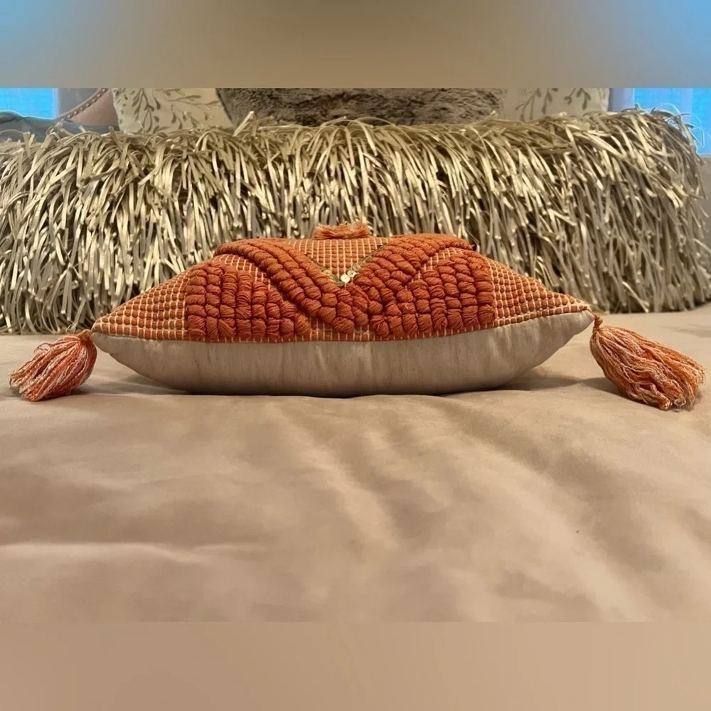 DECORATIVE PILLOW Macramé Orange Salman Tasseled off White 10” x 14” Rectangle - Picture 6 of 6